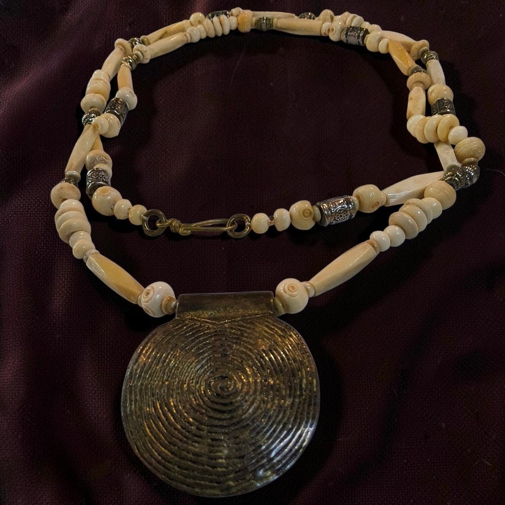 45" Vintage Bone, Brass, & Tibetan Silver Tone Spiral Pendant Boho Necklace